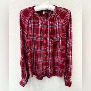 ANTHROPOLOGIE | Pilcro Burgundy Plaid Wool Blend Boho Peasant Top | Medium